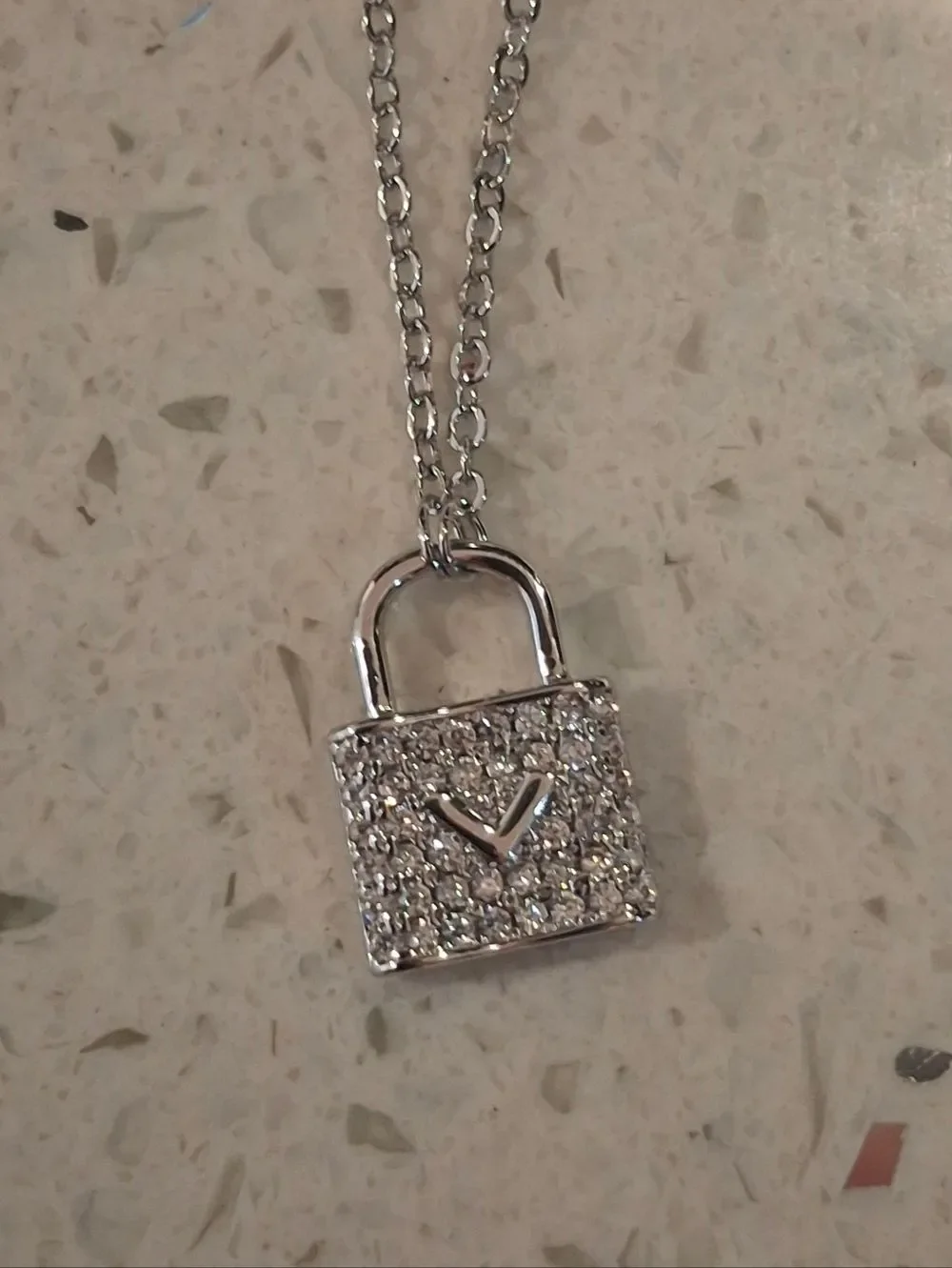 Silver Diamond V Lock Pendant Necklace
